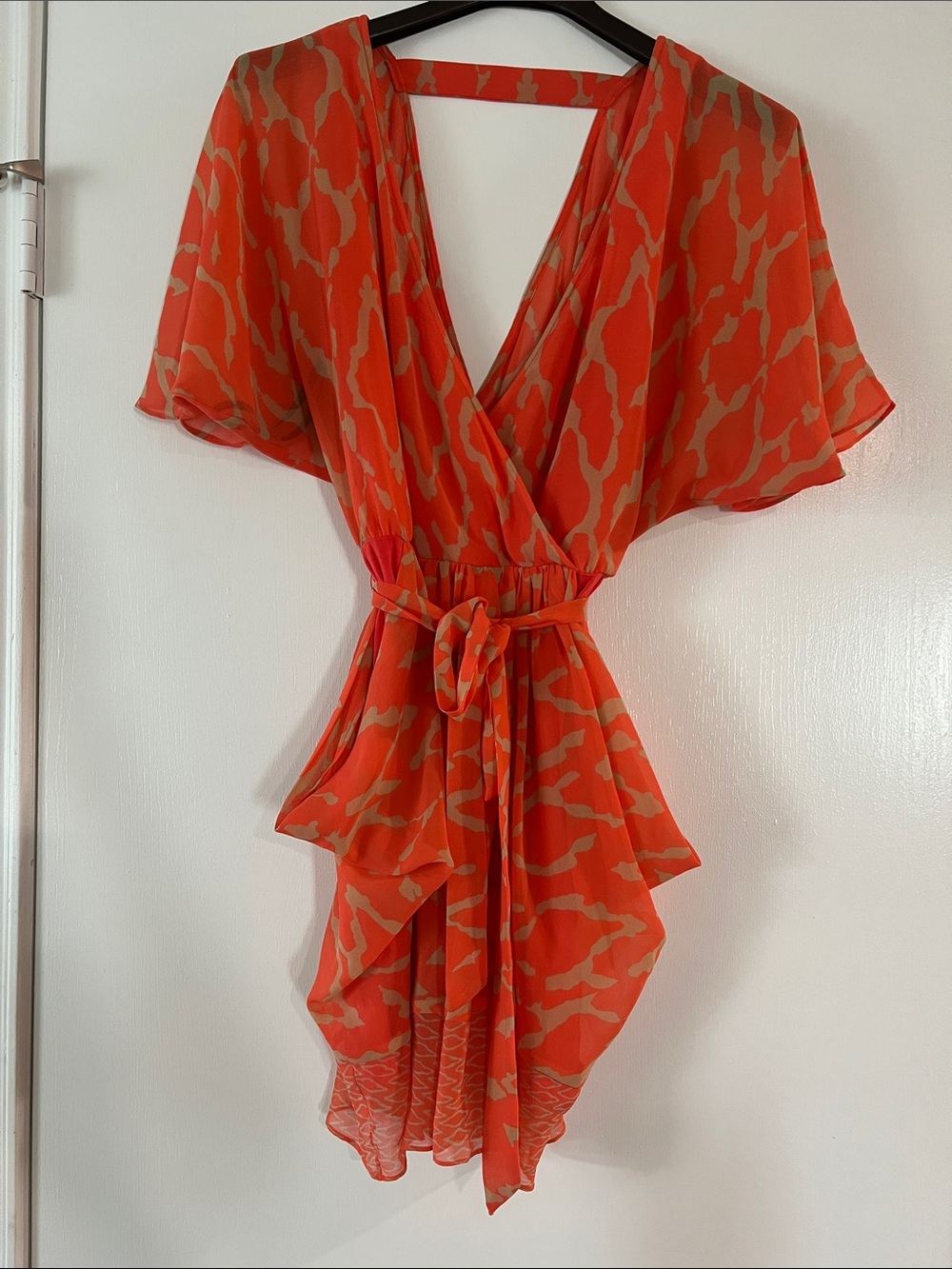 bebe Orange and Tan Surplice Dress with Tie Waist